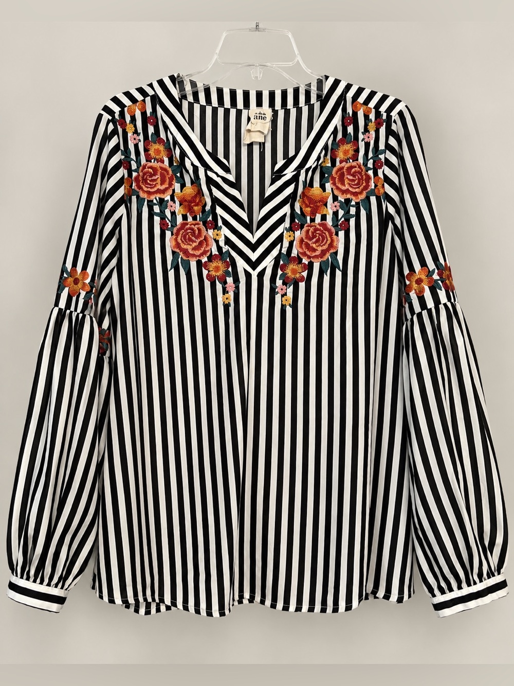 Savanna Jane Navy White Striped Embroidered Floral Blouse Top EUC L #2779
